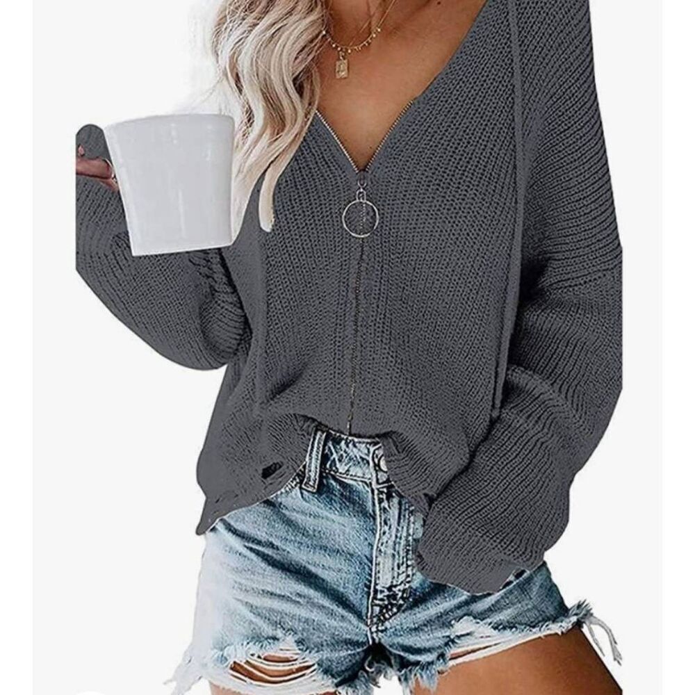 Knit Hoodie Zipper Open Front Cardigan Ripped Long Sleeve Distressed Sweater Hoo